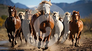 Generative ai illustration of Group of horses running gallop in natural environment