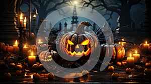 Generative ai illustration of Halloween pumpkin head jack lantern