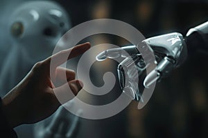 Generative AI Illustration Human Hand Touching Fingers with a Cyborg, Humanity and Technology Connection Digital Concept