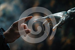 Generative AI Illustration Human Hand Touching Fingers with a Cyborg, Humanity and Technology Connection Digital Concept