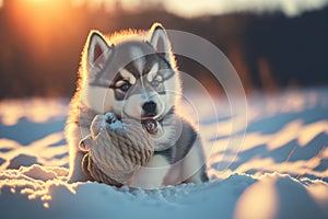 Generative AI illustration image of Huskie puppy dog in snow in forest landscape with beautiful golden hour sunshine in background