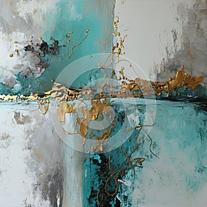 Generative AI illustration image of impressionist abstract oil painting of turquoise, grey and gold intricate background design