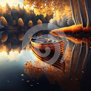 Generative AI illustration image of stunning Autumn Fall landscape scene of singel rowing boat on calm lake surrounded by vibrant