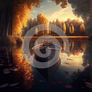 Generative AI illustration image of stunning Autumn Fall landscape scene of singel rowing boat on calm lake surrounded by vibrant