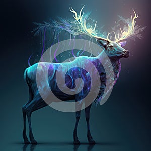 Generative AI illustration image of stunning phantasmal irridescent red deer stag with glowing antlers nad intricate filigree