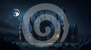 Generative Ai illustration Imaging castle full moon and tomb at Halloween night.