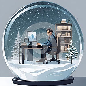 Generative AI illustration of an individual sitting at a desk inside a snow glob