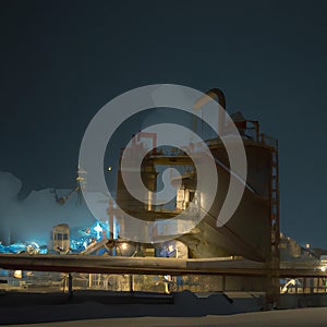 Generative AI illustration of a industrial chemical facility at night with industrial lighting floating out into a haze