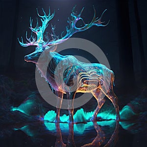 Generative AI Illustration of irridescent vibrant Red Deer Stag with antlers in woodland photo