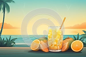 Generative AI illustration of a lemonade summer fruit juice into a tropical beach resort