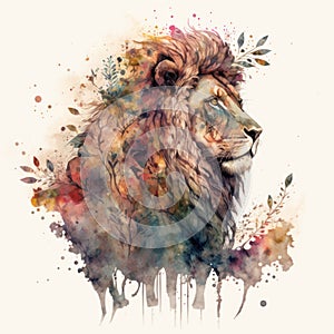 Generative AI illustration of lion\'s head portrait with floral designs in watercolour painting style abstract background