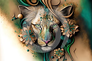 Generative AI illustration of lion\'s head portrait infused with floral abstract background for unique image