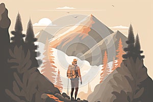 Generative AI illustration of lone hiker standing on rocks in front of an epic mountain and pine forest landscape view