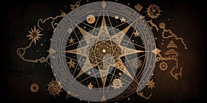 Generative AI illustration of magic circle surrounded by astrological symbols on dark background