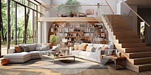 Generative ai illustration of modern living room with wooden staircase