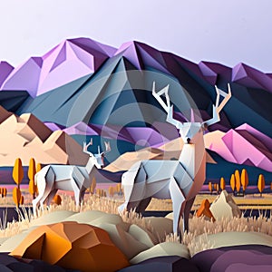 Generative AI illustration of papar art craft quilling image of red deer stags in mountain landscape with surreal colours photo