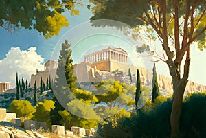 Generative AI illustration of parthenon on akropolis hill in Athens