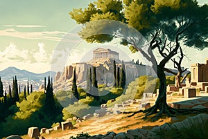 Generative AI illustration of parthenon on akropolis hill in Athens