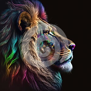 Generative AI illustration of polygonal phantasmal irridescent portrait of strong male lion on black background