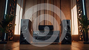 Dynamic Sound System with Loudspeakers in Studio Setting.