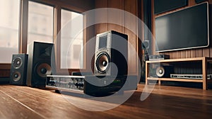 Dynamic Sound System with Loudspeakers in Studio Setting.