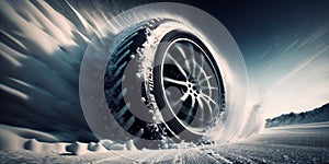Generative AI illustration of powerful tire with shiny chrome rim in snow rolling on winter road