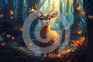 Generative AI illustration. Realistic red deer in a fantasy magical forest with sparkling lights.