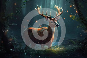 Generative AI illustration. Realistic red deer in a fantasy magical forest with sparkling lights.