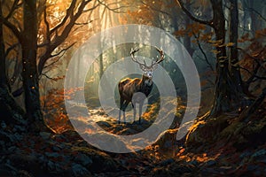 Generative AI illustration. Realistic red deer in a fantasy magical forest with sparkling lights.