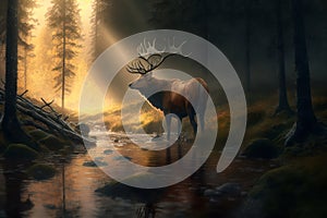 Generative AI illustration of red deer stag in forest stream landscape at sunrise with sun beams glowing throguh trees onto stag