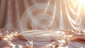 Generative AI Illustration rosegold marble podium on peach color silk background with pearls and natural light.