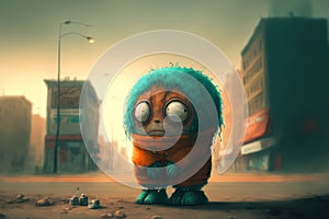 Generative AI illustration of sad and lonely little alien left alone on Earth in a big scary city