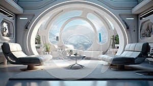 Generative ai illustration of sci-fi futuristic interior design with large windows