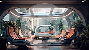 Generative ai illustration of sci-fi futuristic interior design with large windows