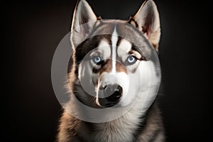 Generative AI illustration of a Siberian husky dog with hazel eyes looking at camera against dark background