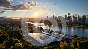 Generative ai illustration of Solar panels with a city skyline