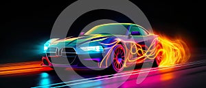 neon colored car driving fast, generative ai illustration