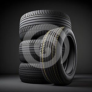 Generative AI illustration of stack with black tire wheels placed on dark background