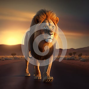 Generative AI illustration of strong powerful image of lion walking along empty road in mountain desert landscape