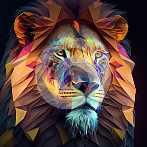 Generative AI illustration of stunning phantasmal irridescent polygonal image of lion portrait photo