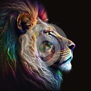 Generative AI illustration of stunning phantasmal irridescent polygonal image of lion portrait