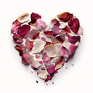 Generative AI illustration of top view of red and beige rose petals scattered on white surface in heart shape