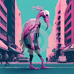 Generative AI Illustration of an unrecognizable person with a pink flamingo head in colorful fancy clothes on the