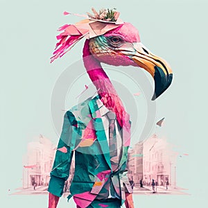 Generative AI Illustration of an unrecognizable person with a pink flamingo head in colorful fancy clothes on the
