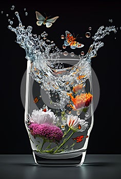 Generative AI illustration of Vase with flowers splashing water and butterflies