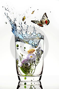 Generative AI illustration of Vase with flowers splashing water and butterflies