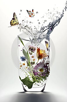 Generative AI illustration of Vase with flowers splashing water and butterflies