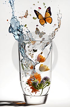 Generative AI illustration of Vase with flowers splashing water and butterflies