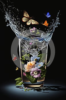 Generative AI illustration of Vase with flowers splashing water and butterflies