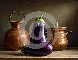 Generative AI illustration of vegetables with copper kitchenware and rustic background Generative AI